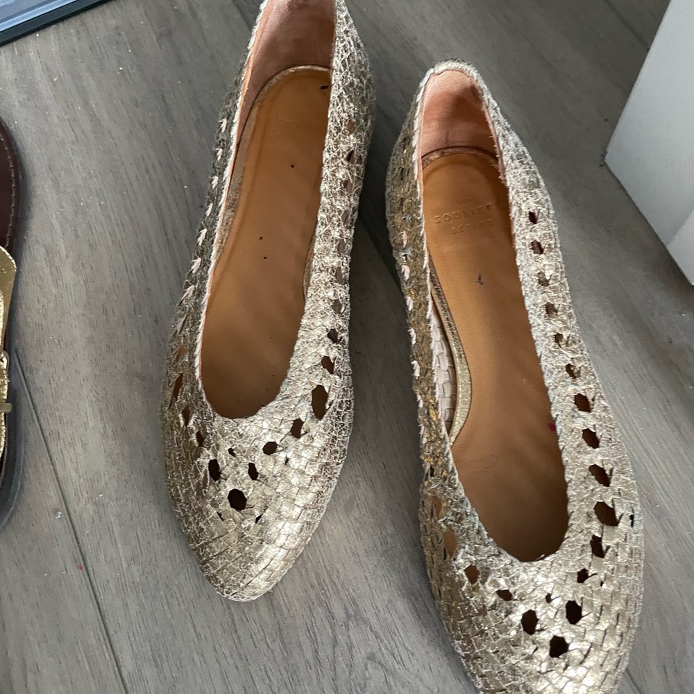 Sezane Gold Woven Pointed-Toe Flats